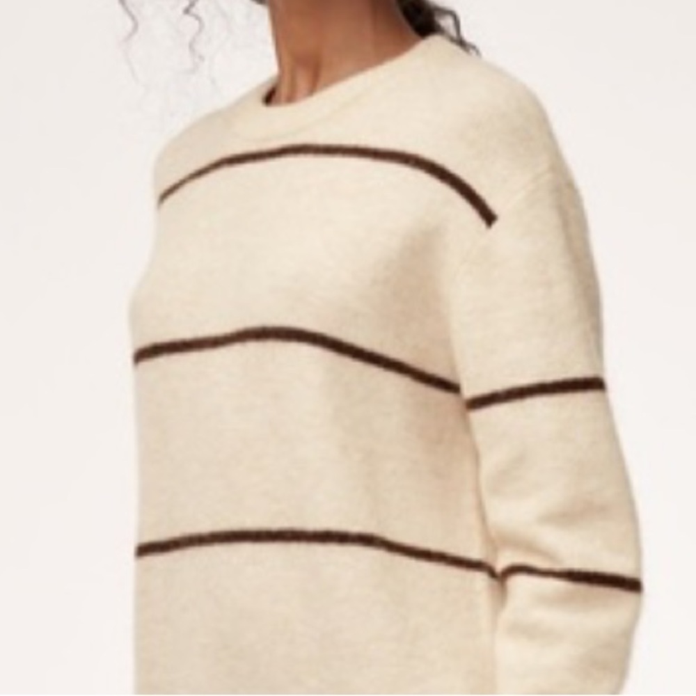 Wilfred Cipriana Knit Longsleeve Crewneck Sweater in Crème W/ Brown Stripes